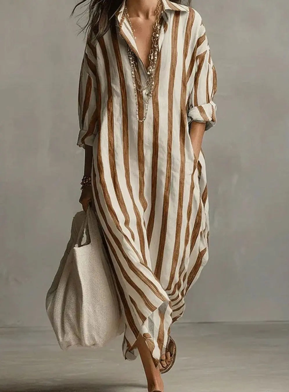 Women's Striped Linen Loose-Fit V-Neck Midi Dress - Earthy Yellow