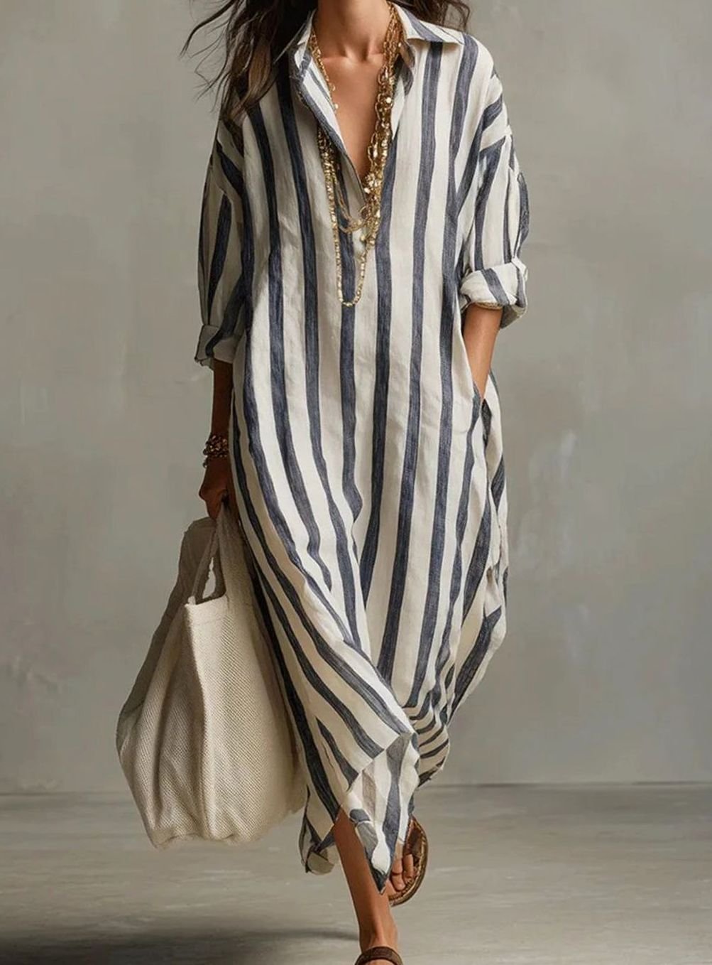Women's Striped Linen Maxi Shirt Dress V-Neck Loose Fit - Blue