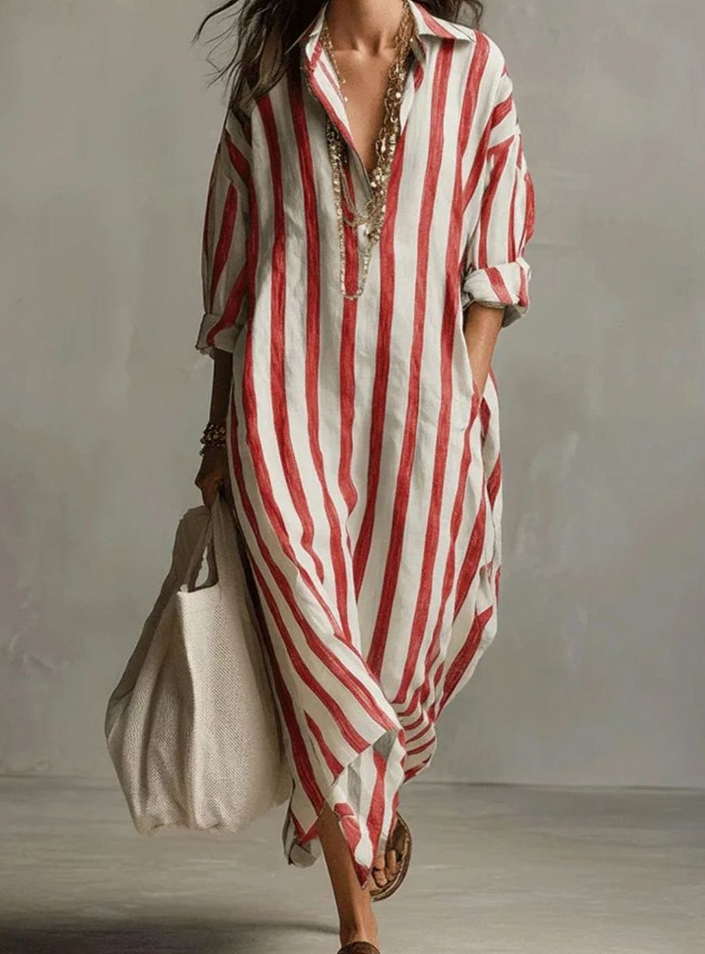 Women's Striped Linen Maxi Shirt Dress V-Neck Loose Fit - Red