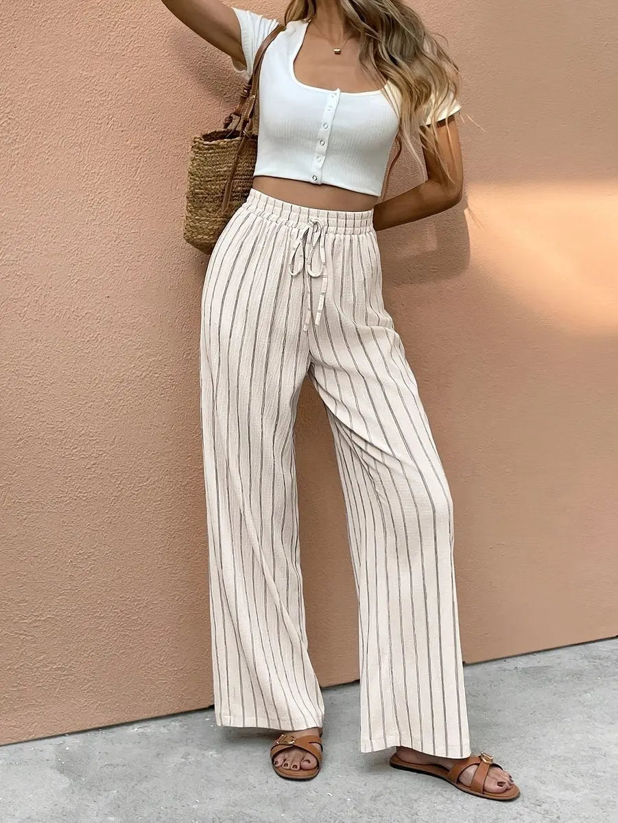 Women's Striped Linen Wide Leg Pants Elasticated Drawstring Waist - Apricot