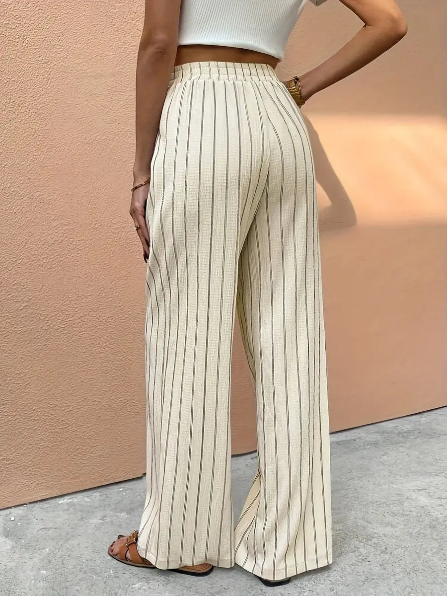 Women's Striped Linen Wide Leg Pants Elasticated Drawstring Waist