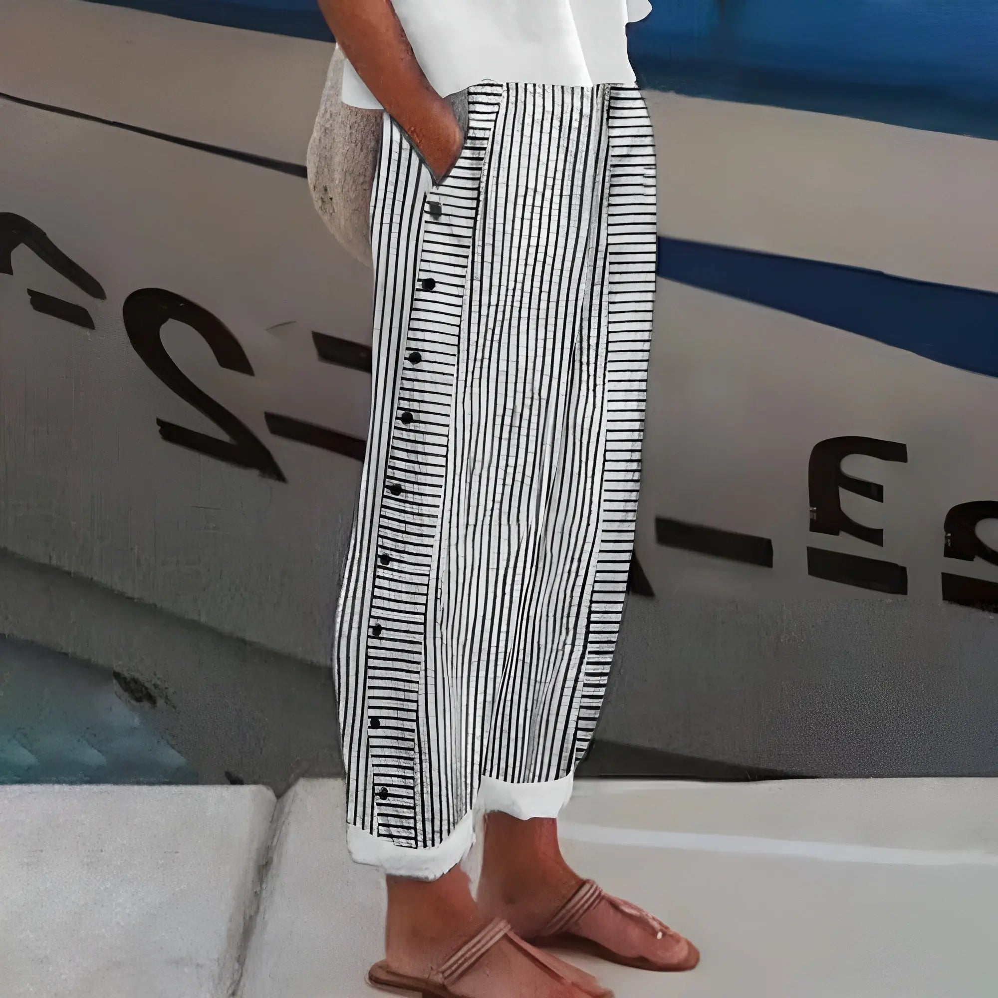Women's Striped Trousers Button Side Elastic Waist Relaxed - Black