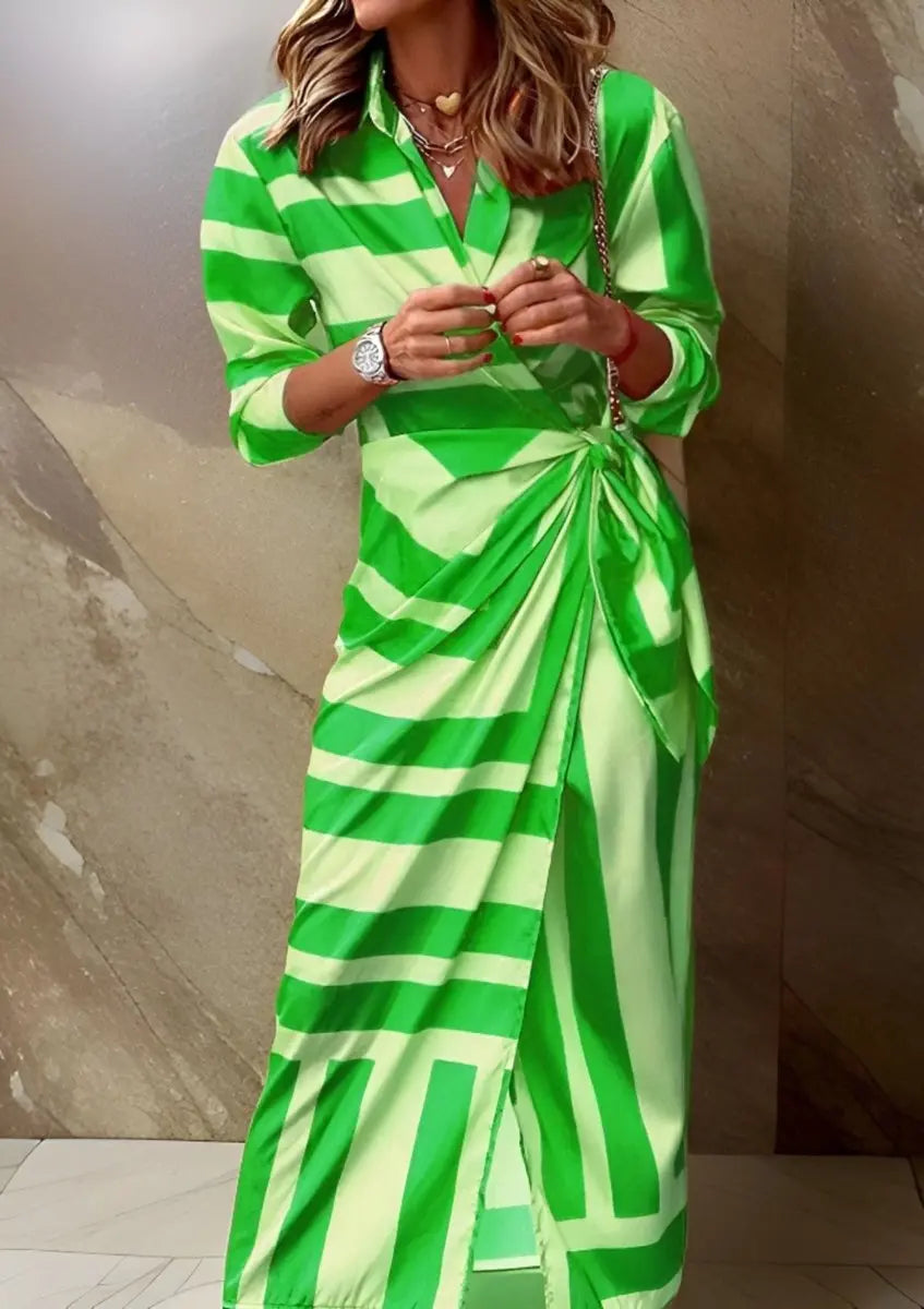 Women's Striped Wrap Midi Long Sleeve Dress - Green