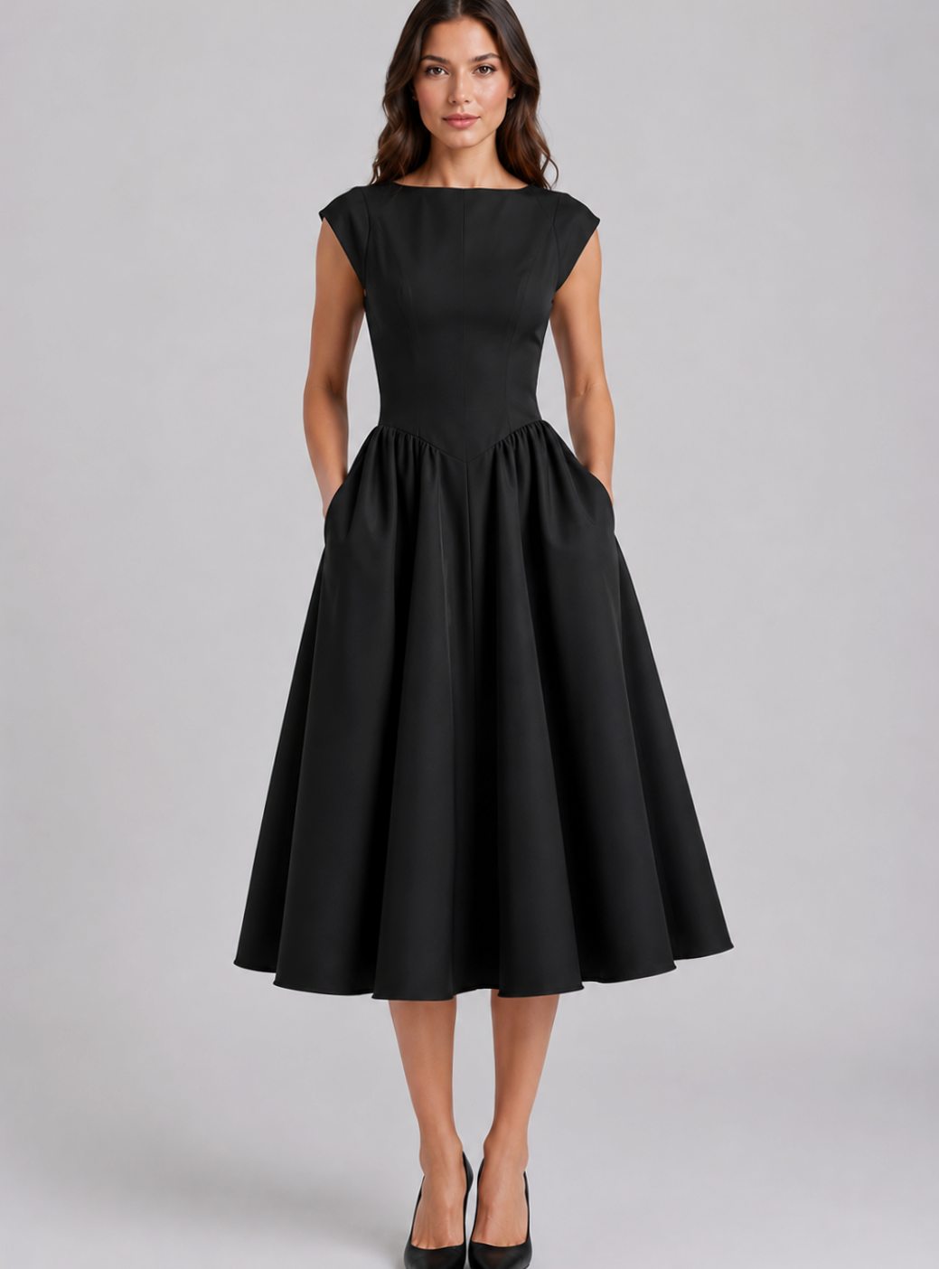 Women's Structured Cap Sleeve Pleated Midi Dress - Black
