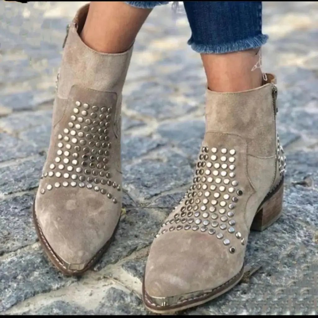 Women's Studded Ankle Boots Pointed Toe Block Heel - Brown