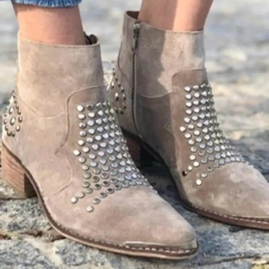 Women's Studded Ankle Boots Pointed Toe Block Heel