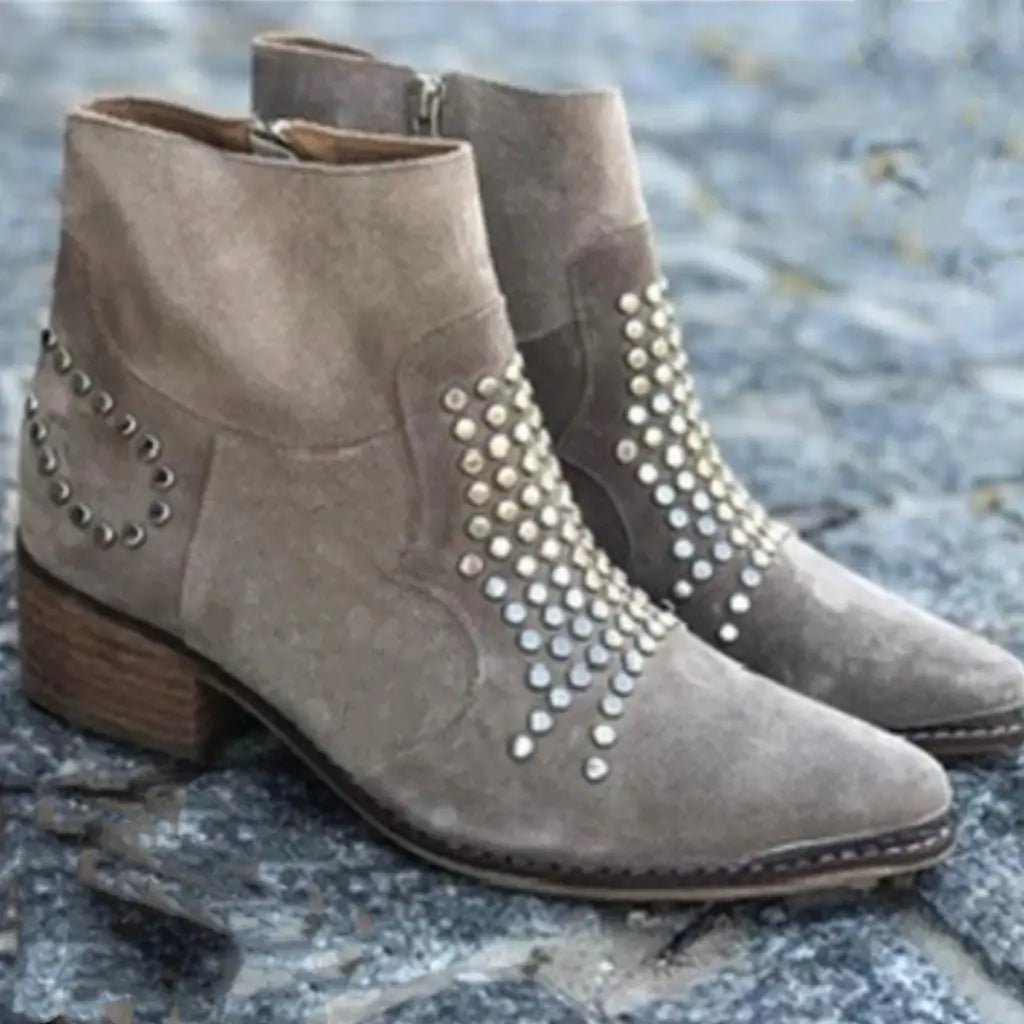 Women's Studded Ankle Boots Pointed Toe Block Heel