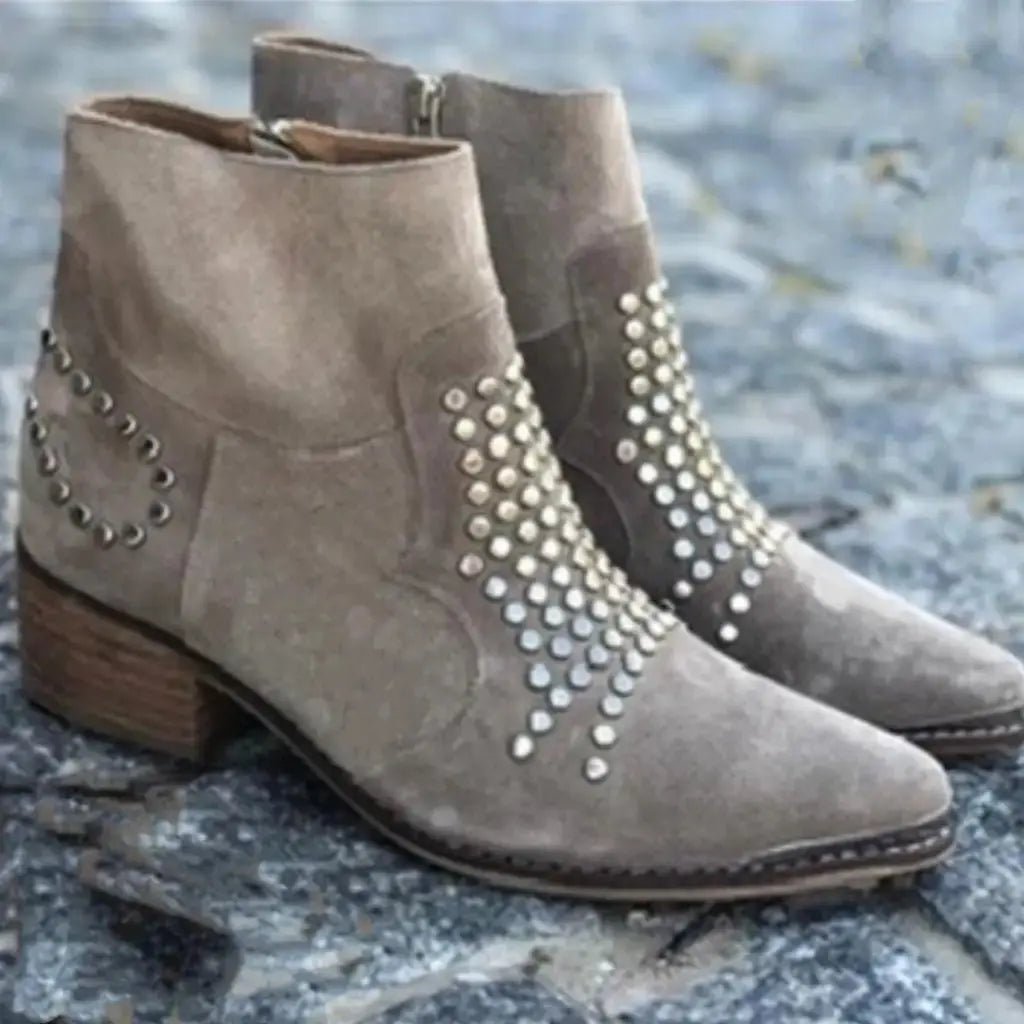 Women's Studded Ankle Boots Pointed Toe Block Heel