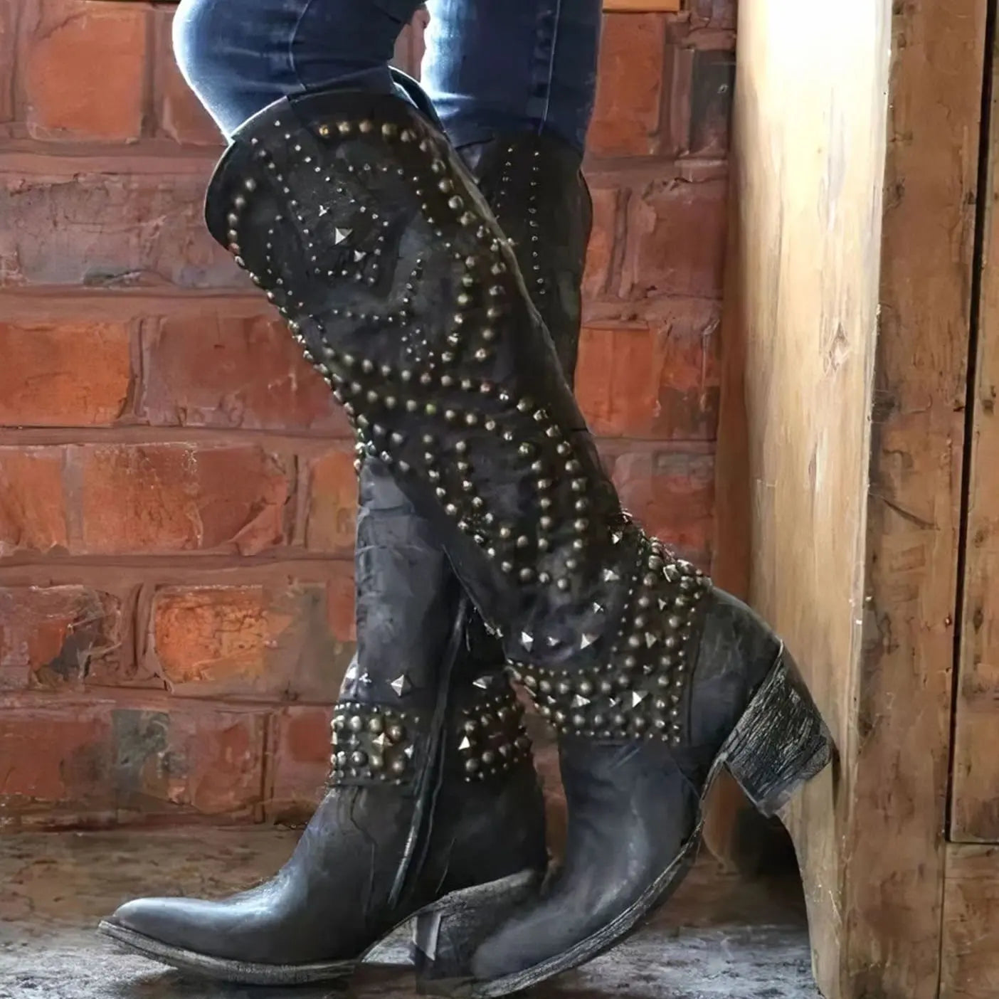 Women's Studded Chunky Heel Cowboy Boots Western Knee High - Black