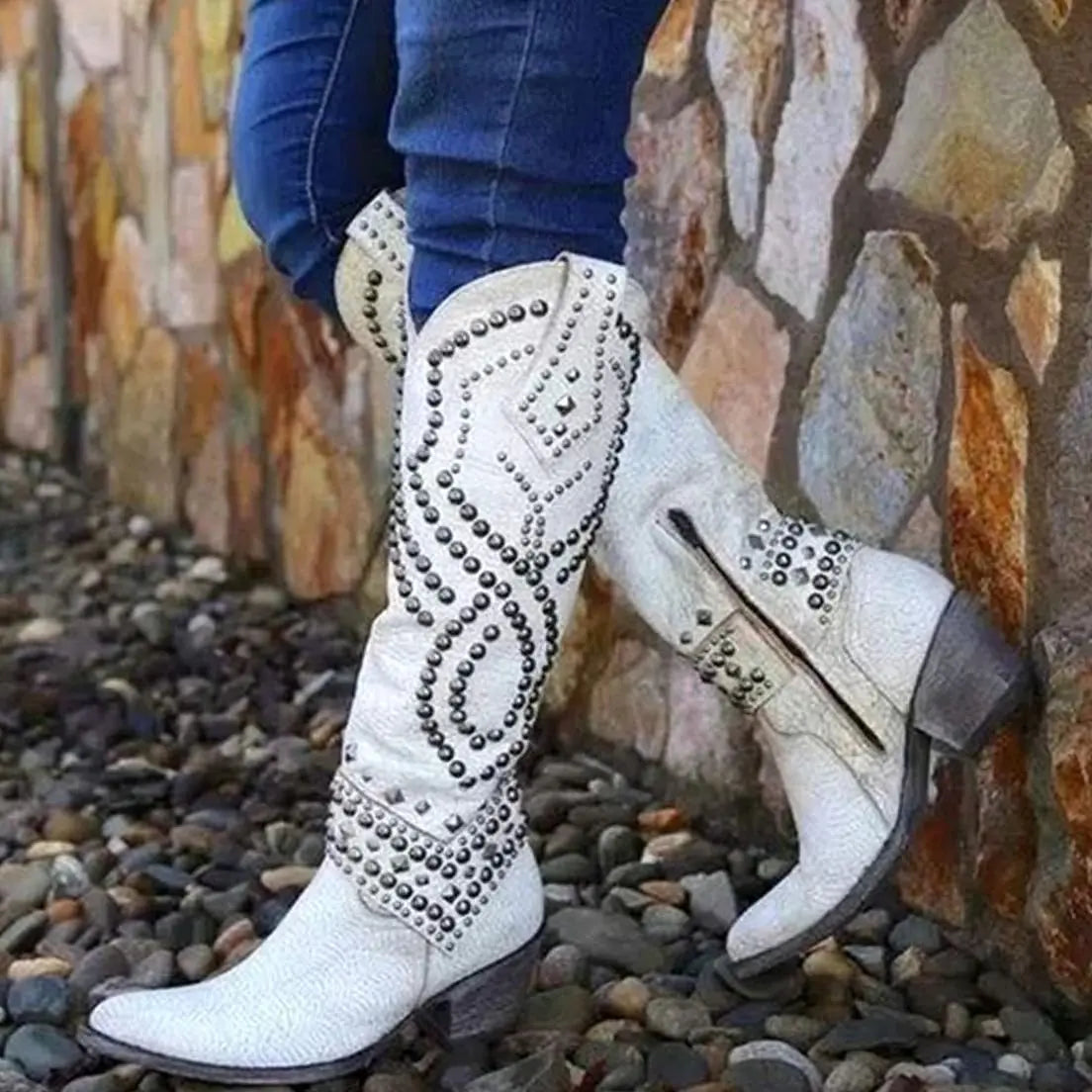 Women's Studded Chunky Heel Cowboy Boots Western Knee High - White