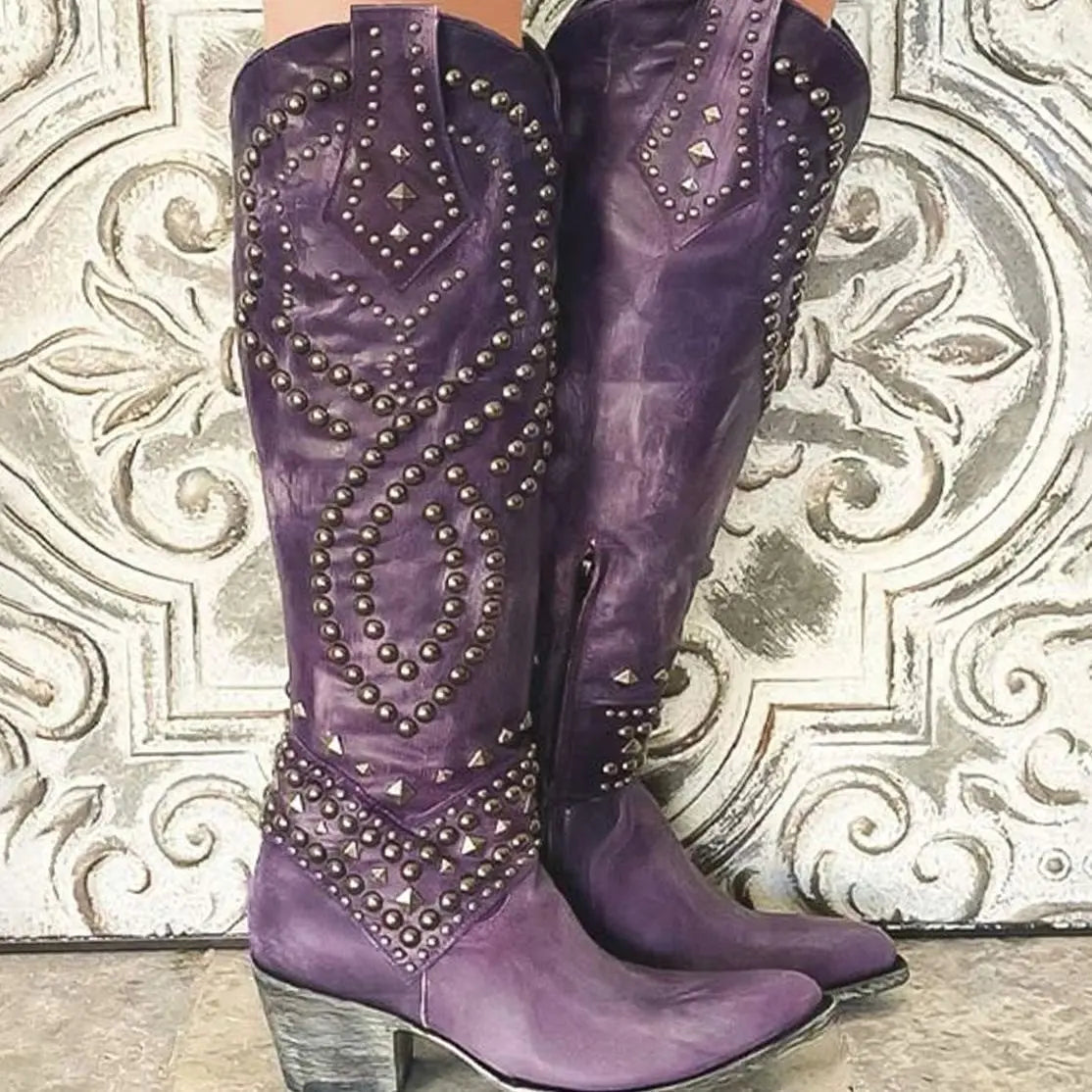 Women's Studded Chunky Heel Cowboy Boots Western Knee High - Purple