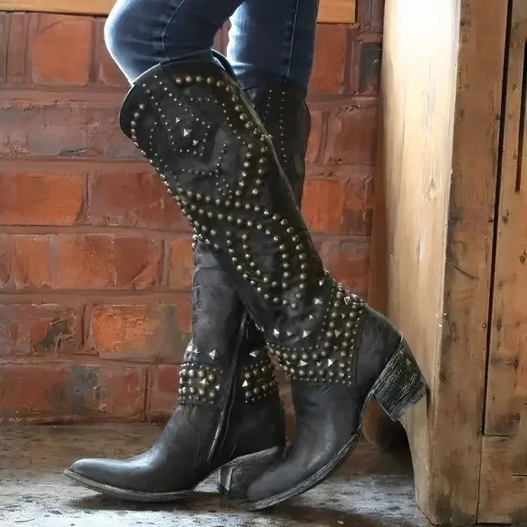 Women's Studded Knee-High Boots Block Heel Western Style - Black