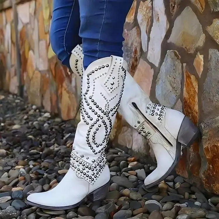 Women's Studded Knee-High Boots Block Heel Western Style - White