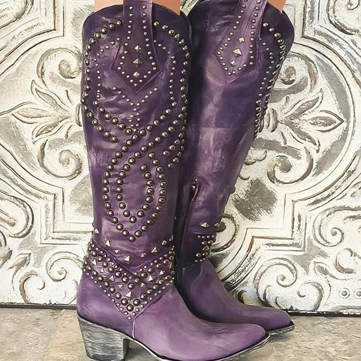 Women's Studded Knee-High Western Cowboy Block Heel Boots - Purple