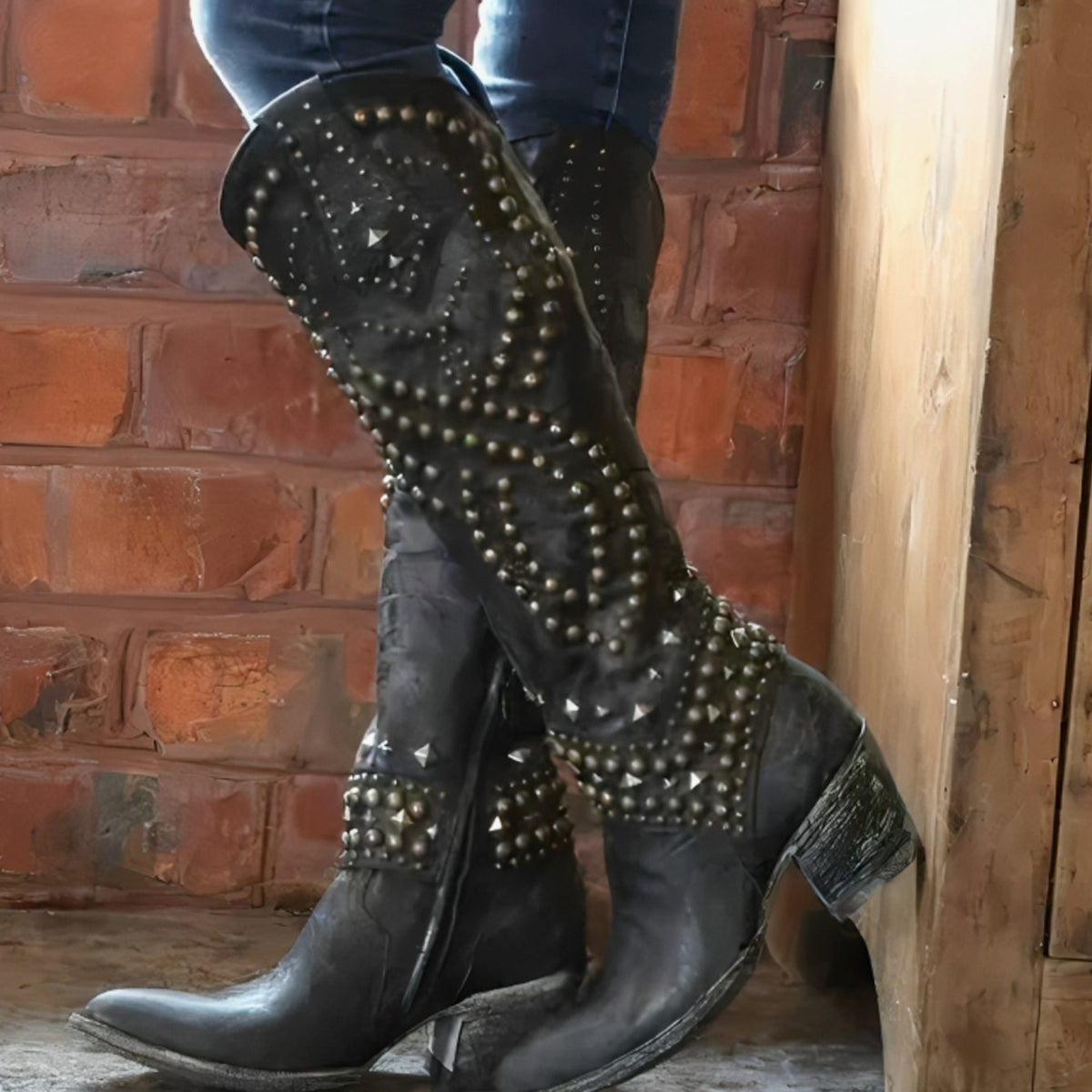 Women's Studded Knee-High Western Cowboy Block Heel Boots - Black