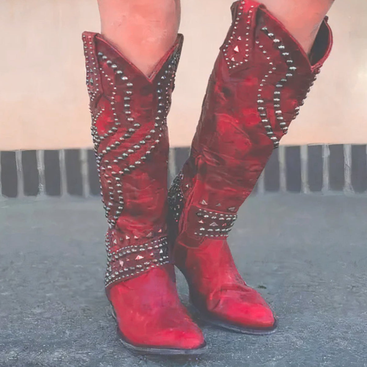 Women's Studded Knee-High Western Cowboy Block Heel Boots - Red