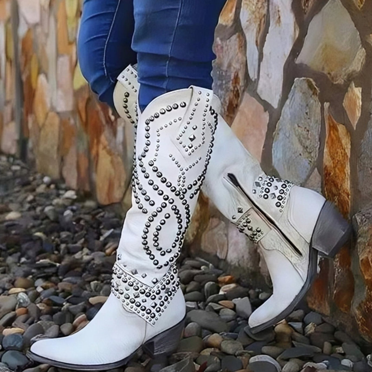 Women's Studded Knee-High Western Cowboy Block Heel Boots - White