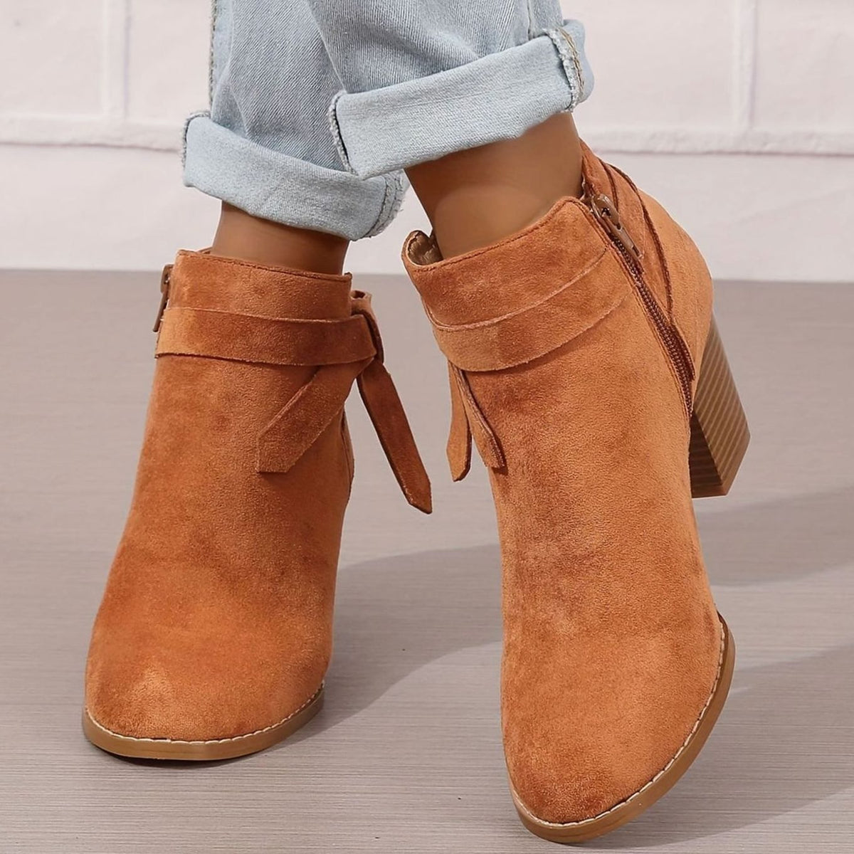 Women's Suede-Effect Block Heel Ankle Boots Bow Detail Side Zip - Orange