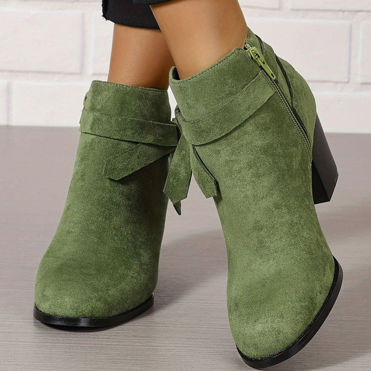 Women's Suede-Effect Block Heel Ankle Boots Bow Detail Side Zip