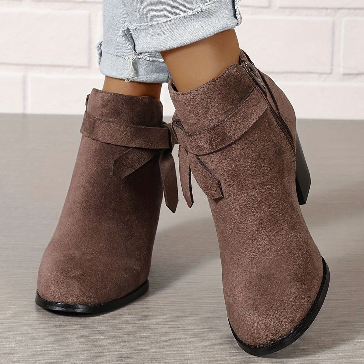 Women's Suede-Effect Block Heel Ankle Boots Bow Detail Side Zip