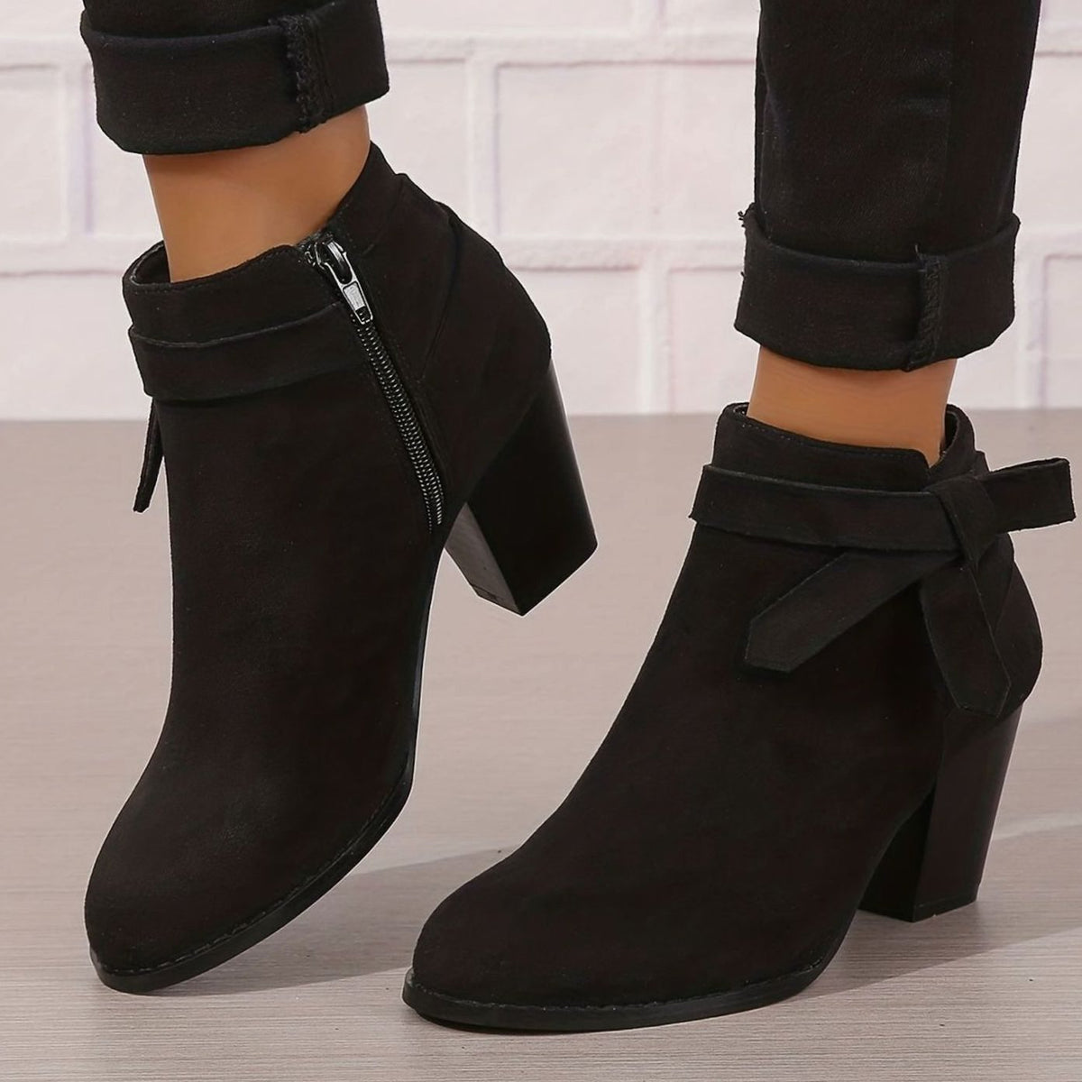 Women's Suede-Effect Block Heel Ankle Boots Bow Detail Side Zip