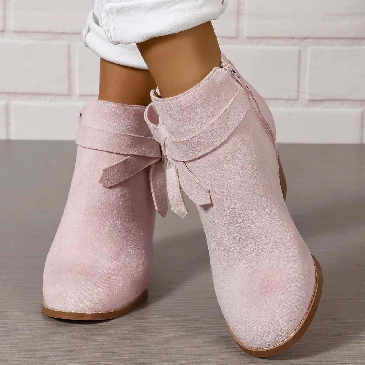 Women's Suede-Effect Block Heel Ankle Boots Bow Detail Side Zip
