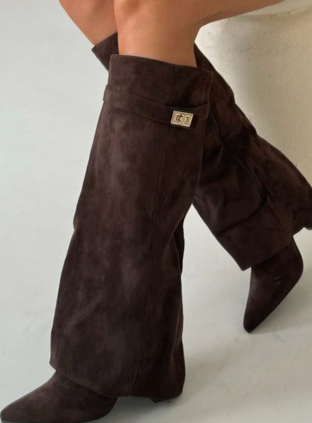 Women's Suede Fold-Over Knee-High Boots Gold Clasp Detail