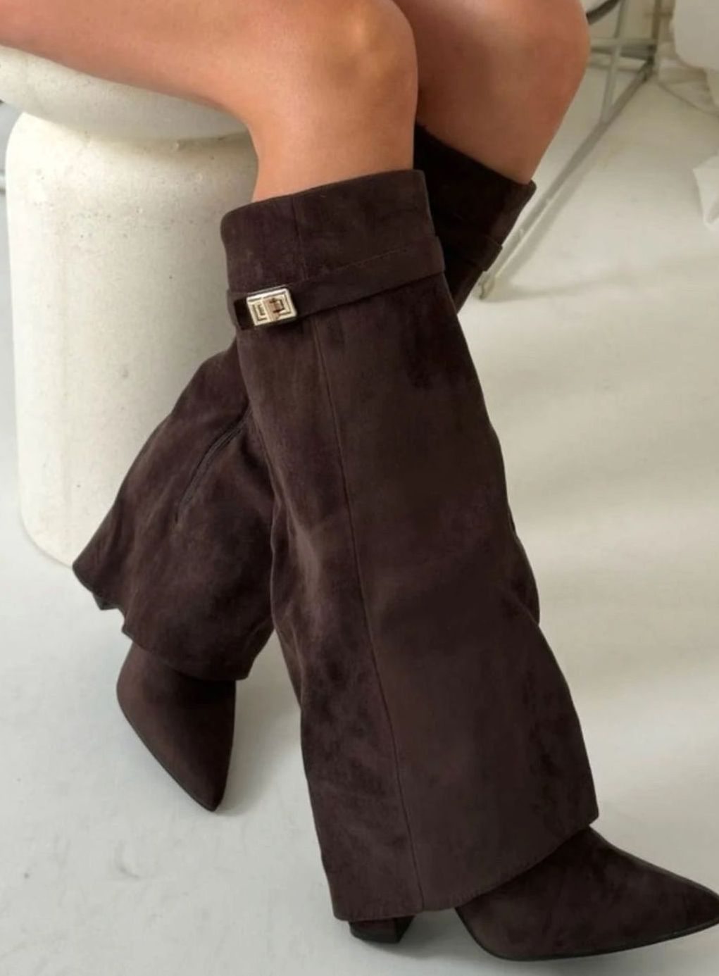 Women's Suede Fold-Over Knee-High Boots Gold Clasp Detail