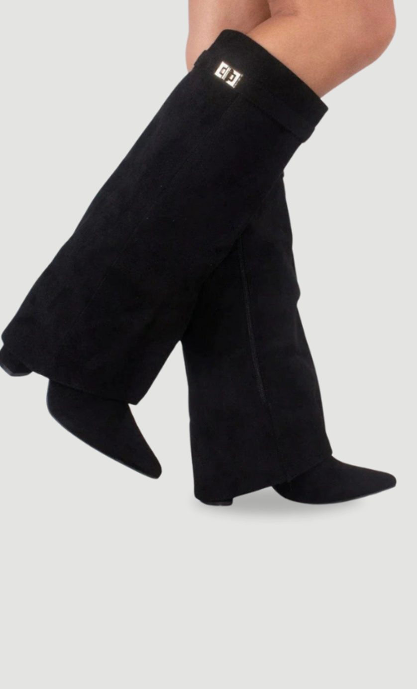 Women's Suede Fold-Over Knee-High Boots Gold Clasp Detail