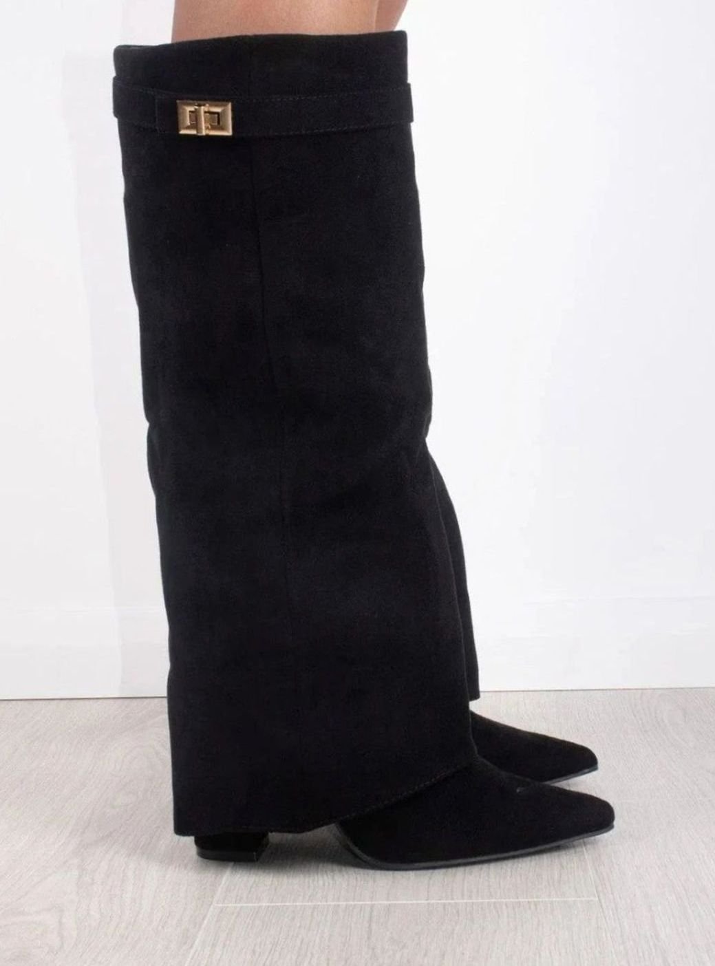 Women's Suede Fold-Over Knee-High Boots Gold Clasp Detail - Black