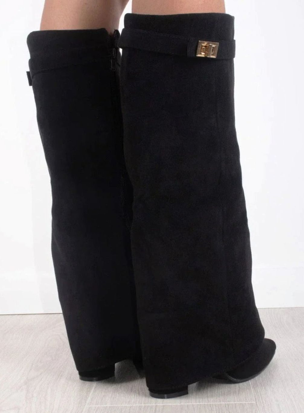 Women's Suede Fold-Over Knee-High Boots Gold Clasp Detail