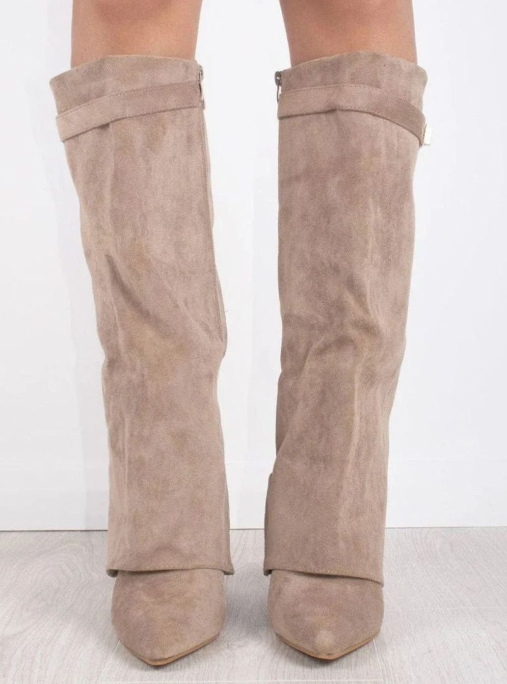 Women's Suede Fold-Over Knee-High Boots Gold Clasp Detail