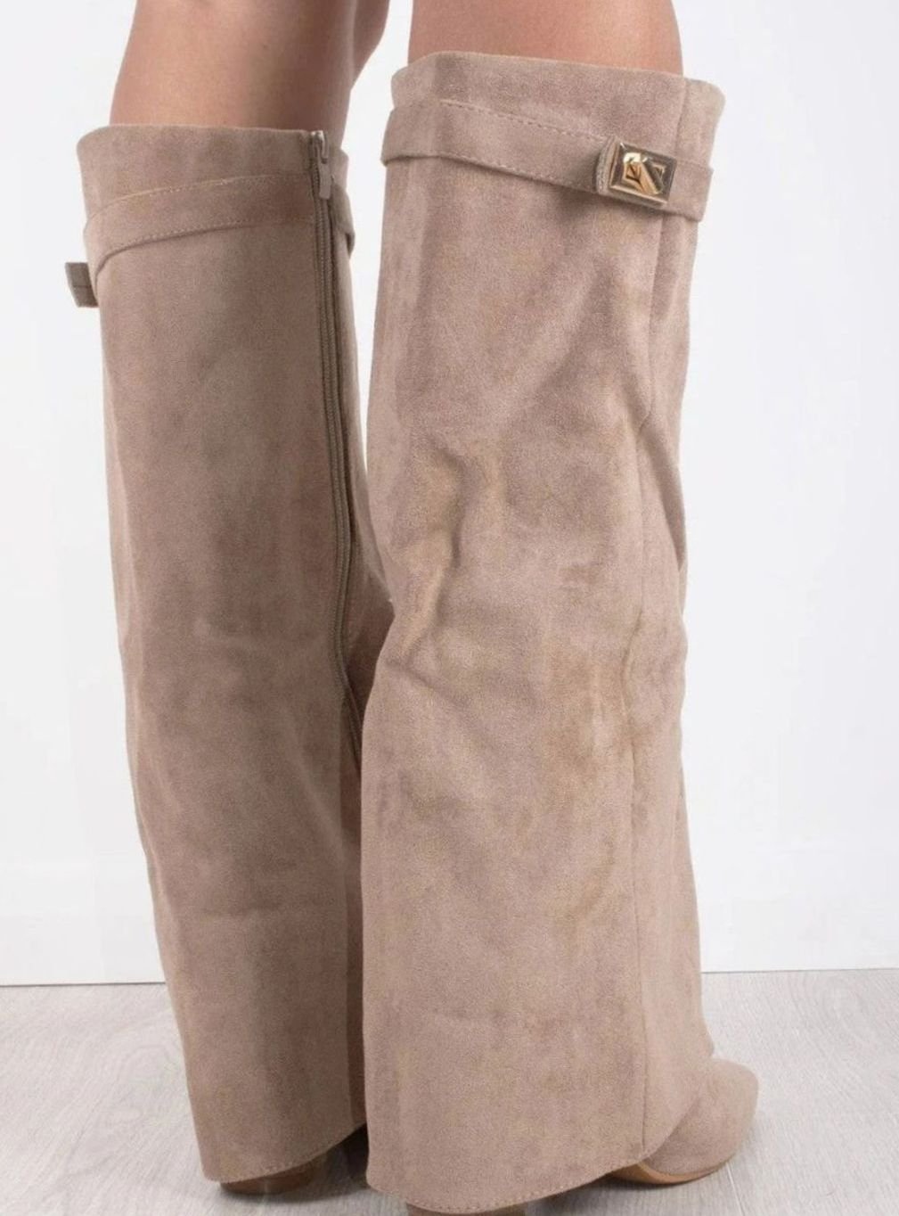 Women's Suede Fold-Over Knee-High Boots Gold Clasp Detail