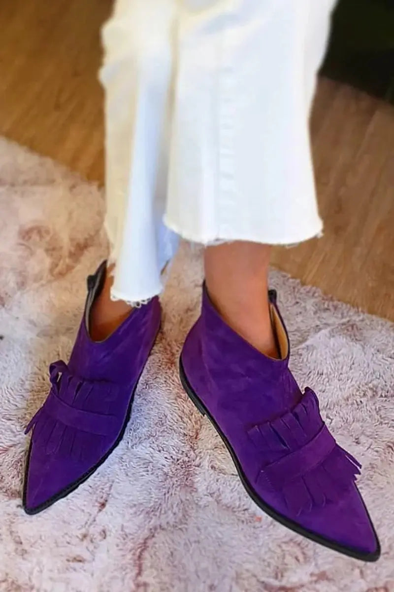 Women's Suede Fringe Pointed-Toe Flat Ankle Boots