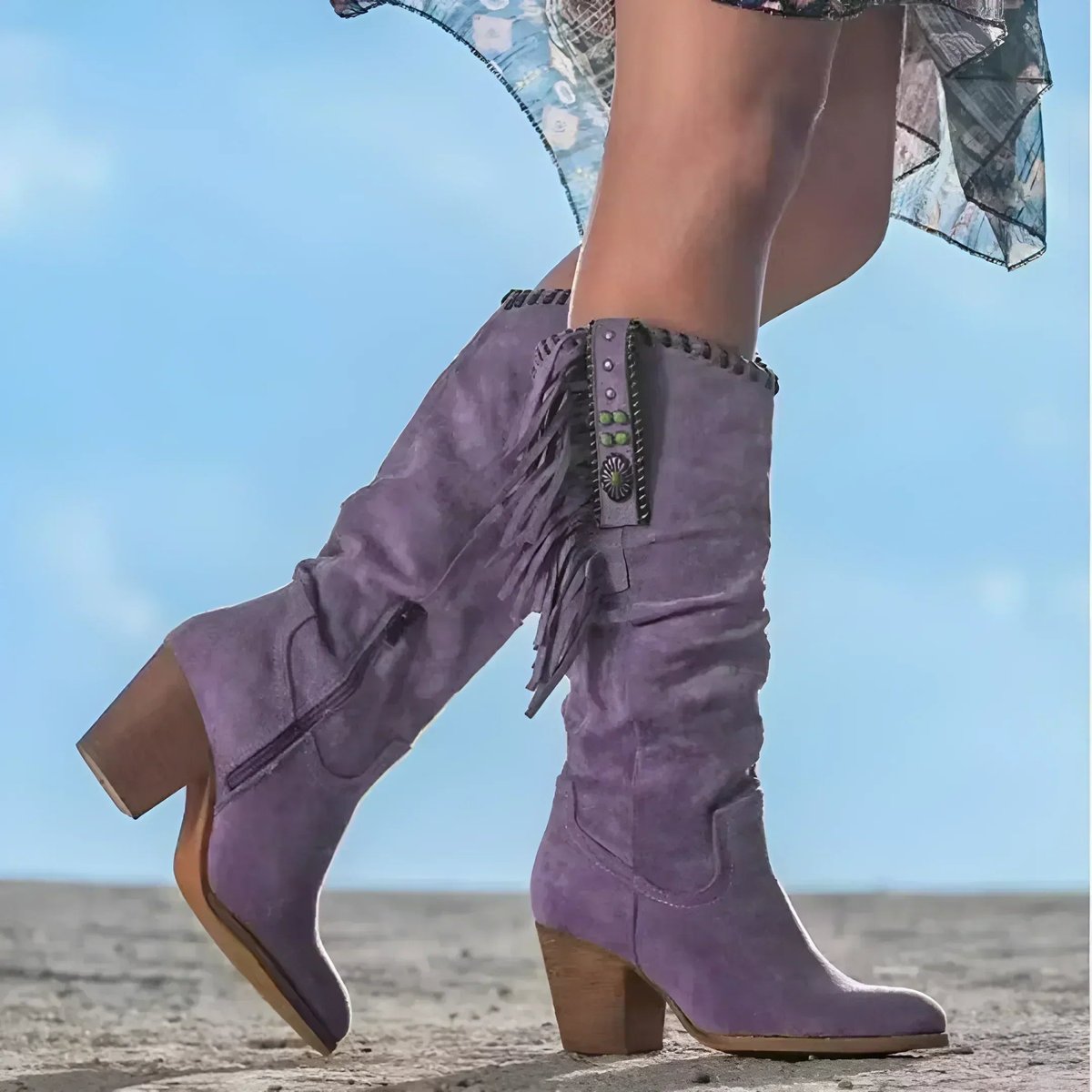 Women's Suede Fringe Tassel Knee High Boots Block Heel Western Cowboy - Purple