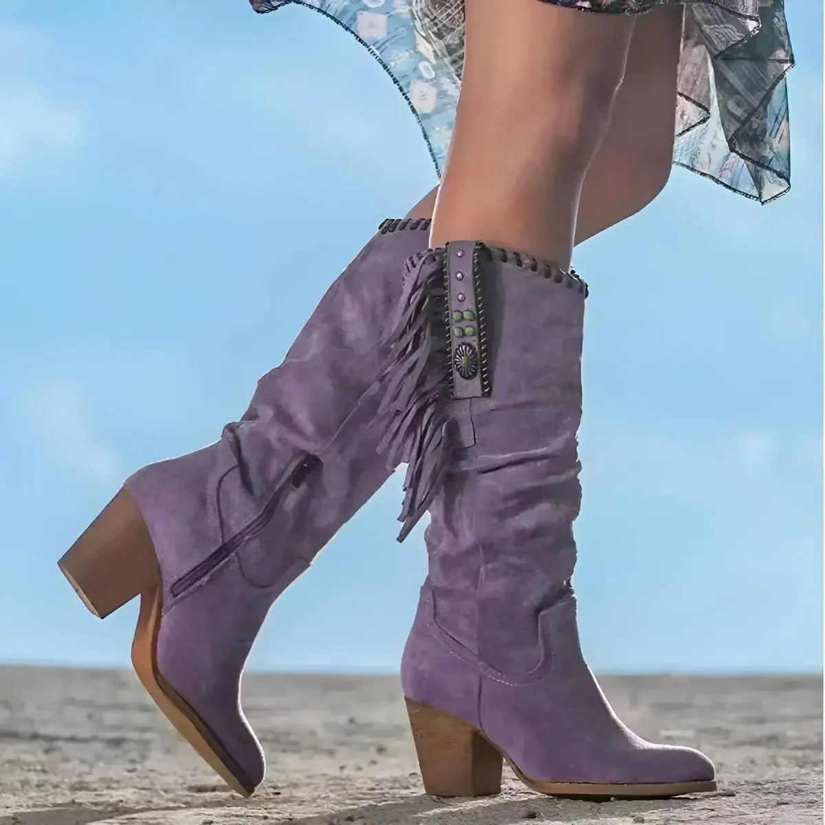 Women's Suede Fringe Tassel Knee High Boots Block Heel Western Cowboy - Purple