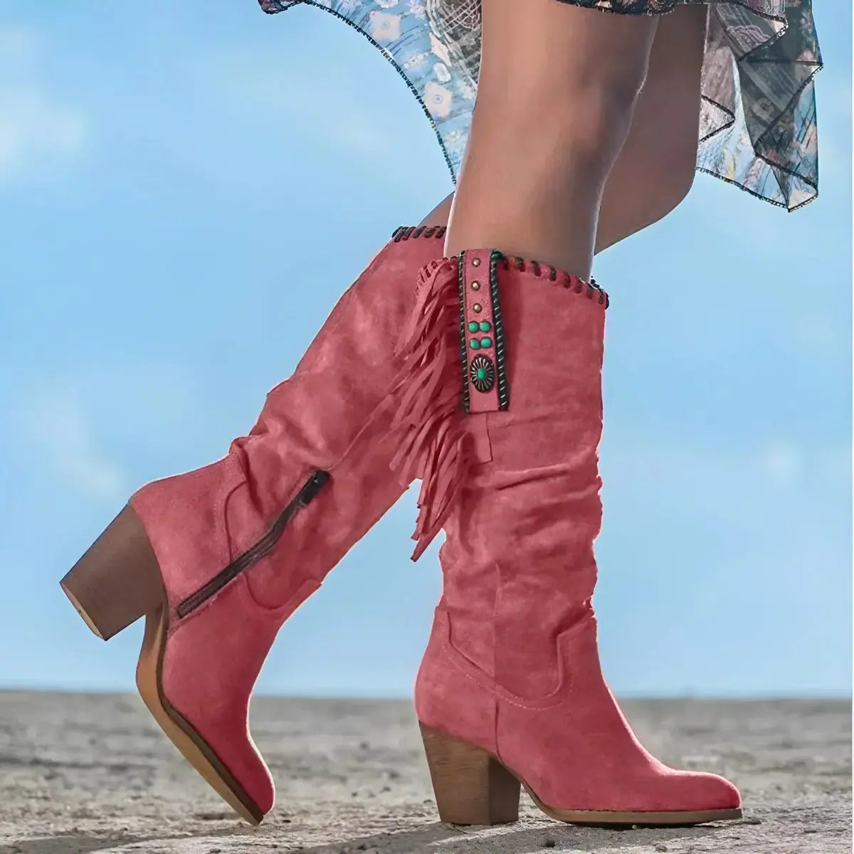 Women's Suede Fringe Tassel Knee High Boots Block Heel Western Cowboy - Red