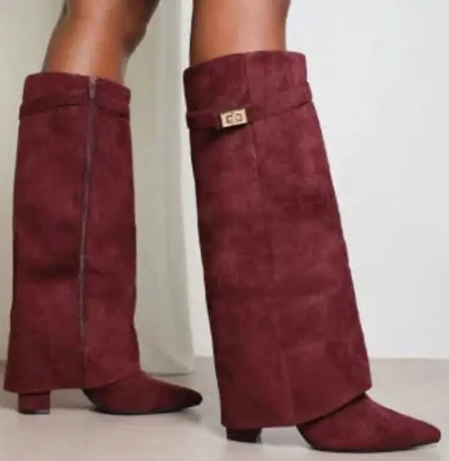 Women's Suede Knee-High Buckle Thigh-High Boots - Red Suede Plush