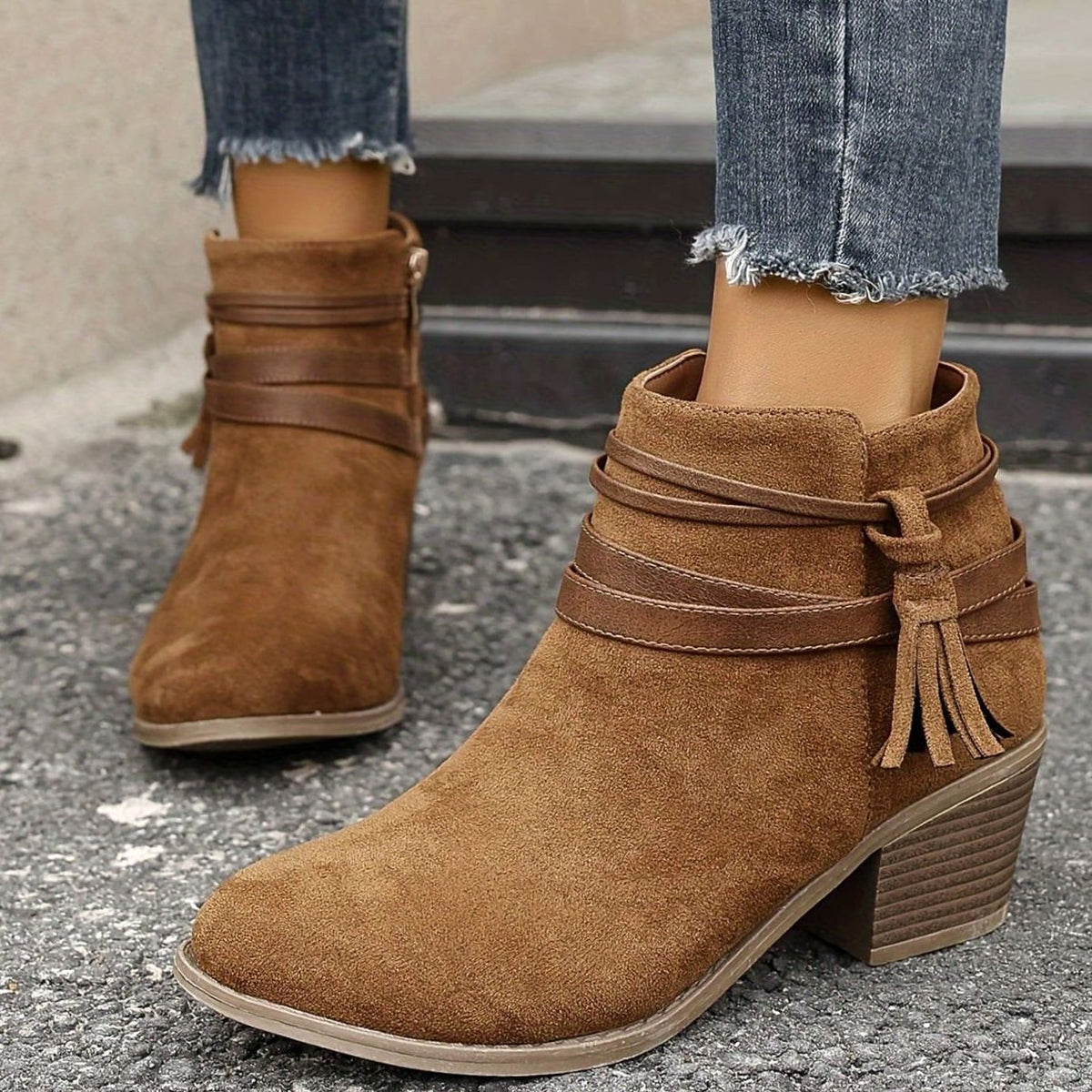 Women's Suede-Look Block Heel Tassel Strap Ankle Boots
