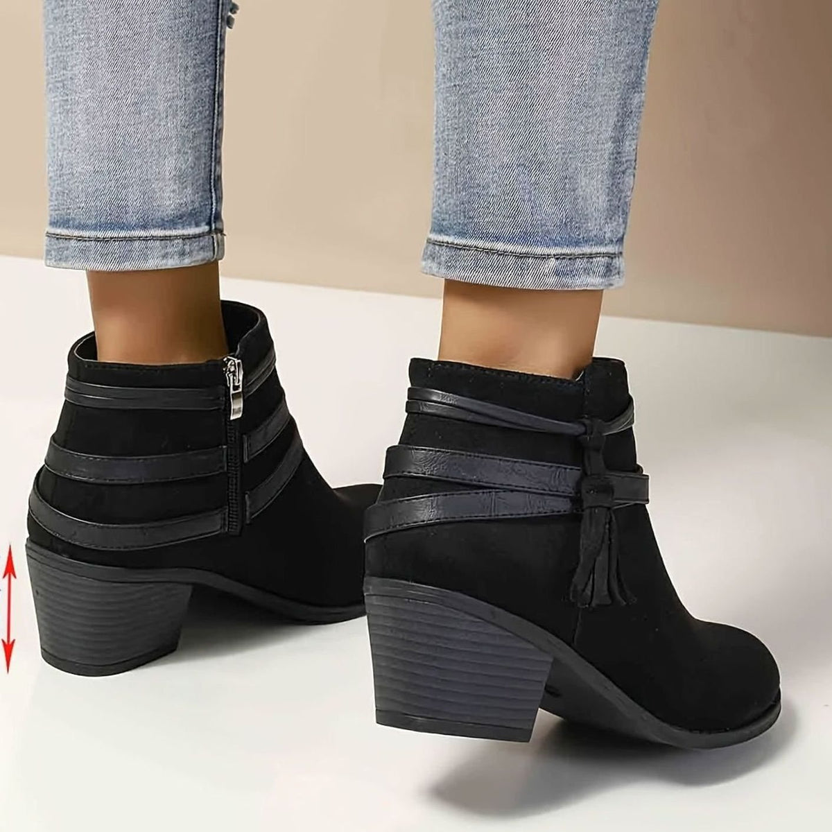 Women's Suede-Look Block Heel Tassel Strap Ankle Boots