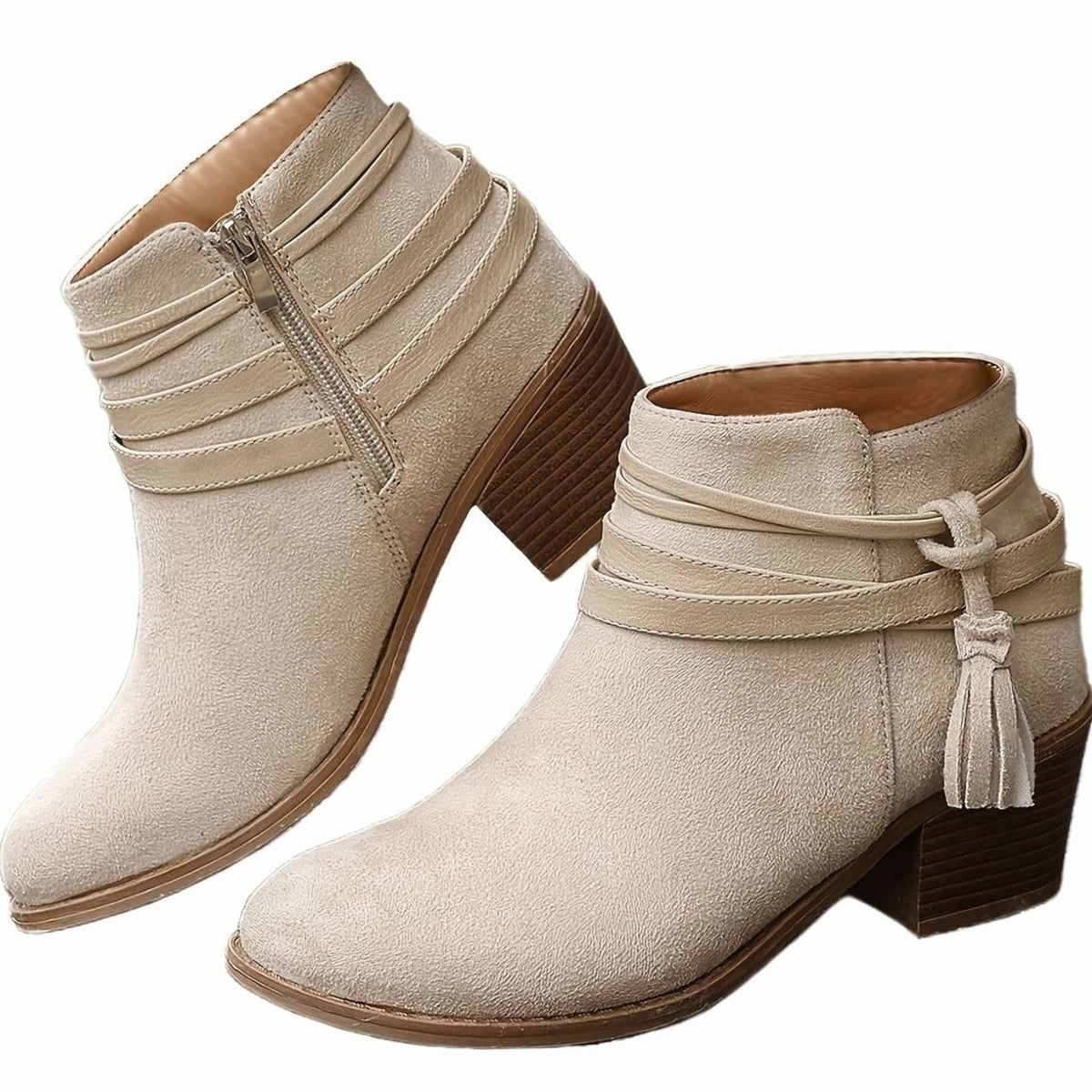 Women's Suede-Look Block Heel Tassel Strap Ankle Boots - Beige