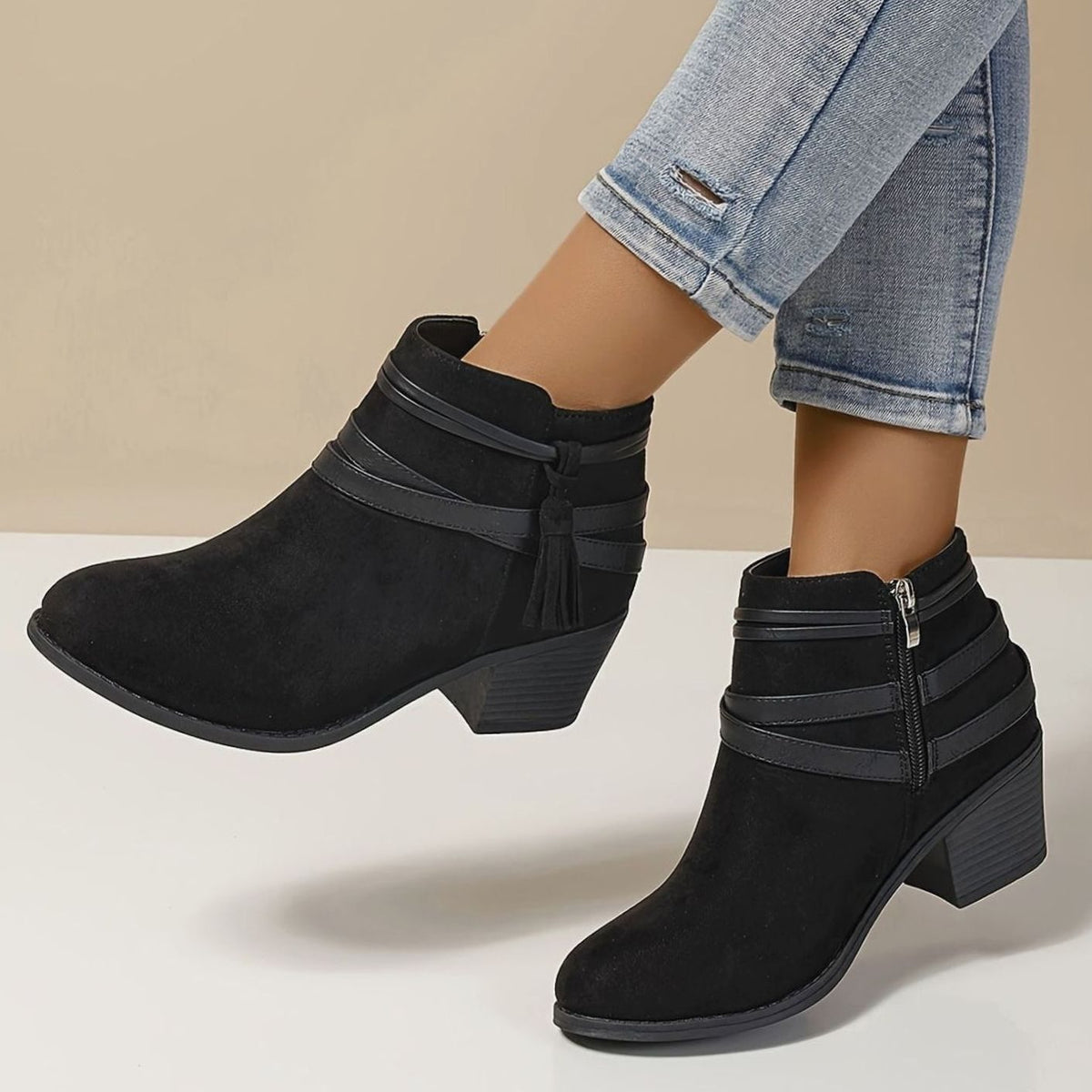 Women's Suede-Look Block Heel Tassel Strap Ankle Boots