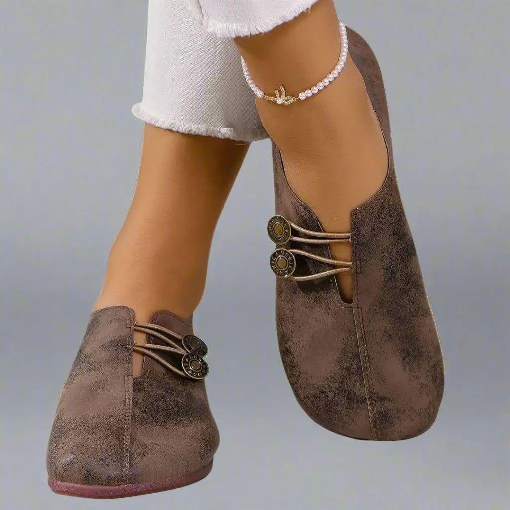 Women's Suede Moccasins Metal Button Detail - Dark Brown