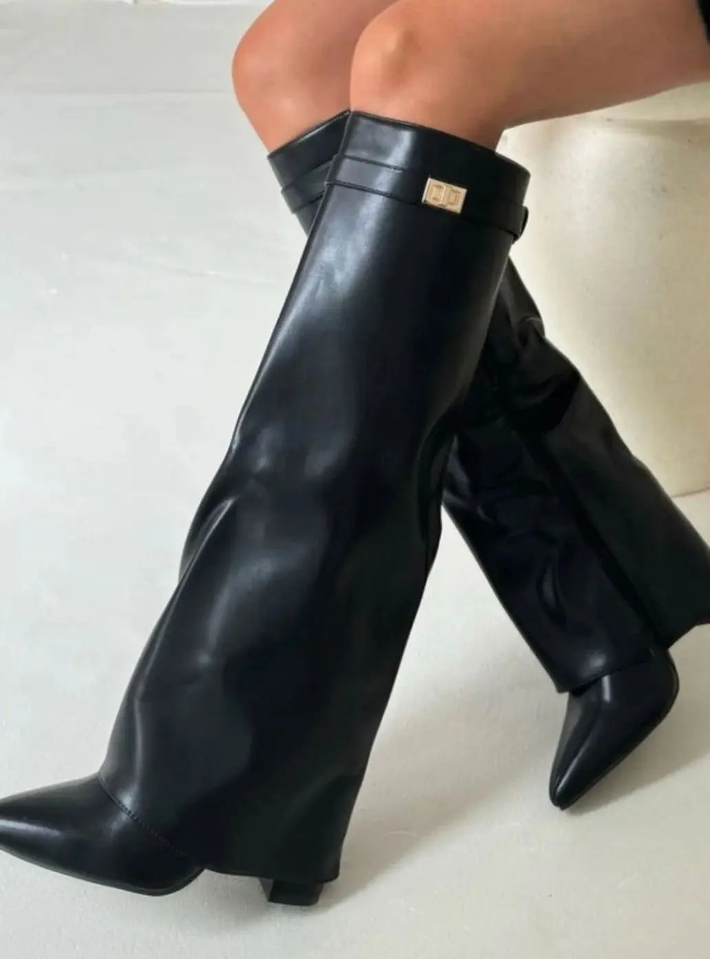 Women's Suede Thigh-High Boots Gold Buckle Pointed Toe - Black