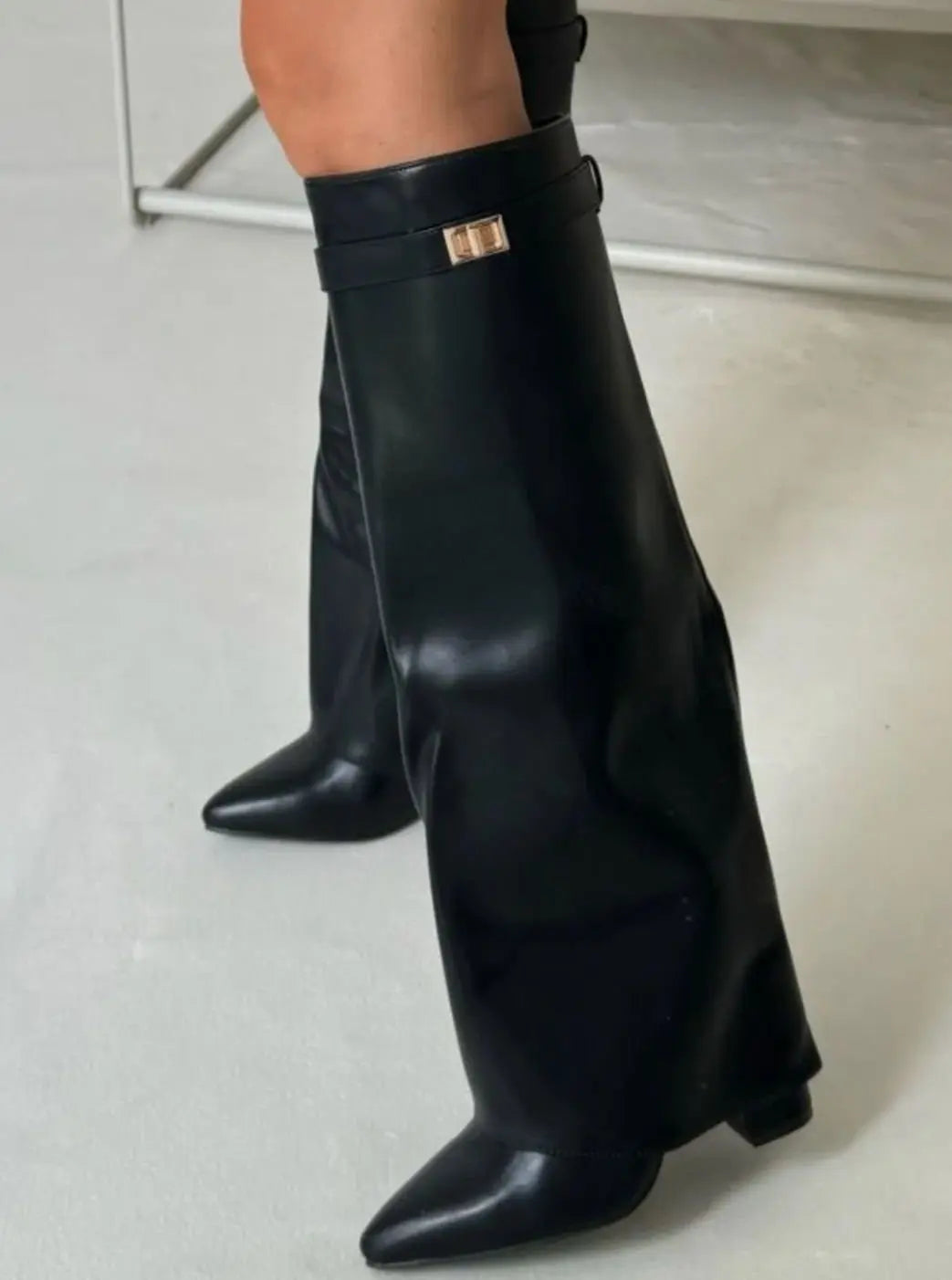 Women's Suede Thigh-High Boots Gold Buckle Pointed Toe