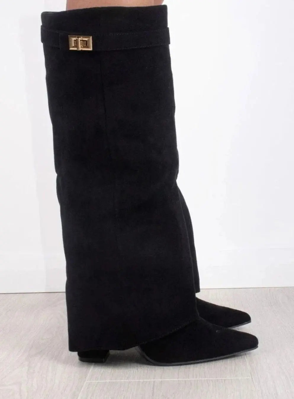 Women's Suede Thigh-High Boots Gold Buckle Pointed Toe