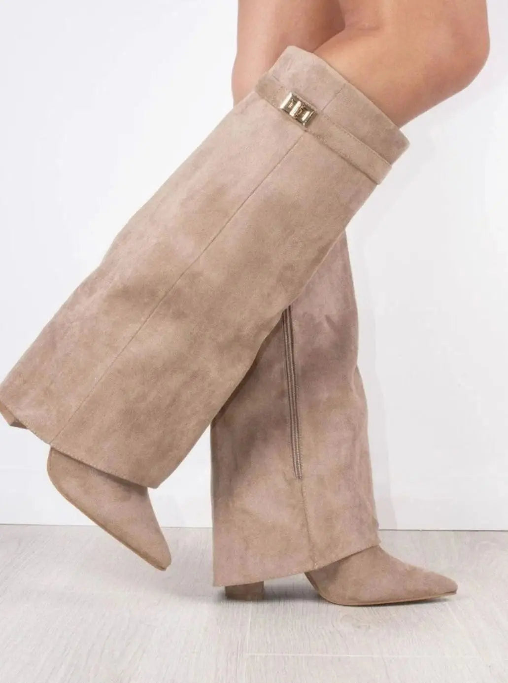 Women's Suede Thigh-High Boots Gold Buckle Pointed Toe - Beige Suede