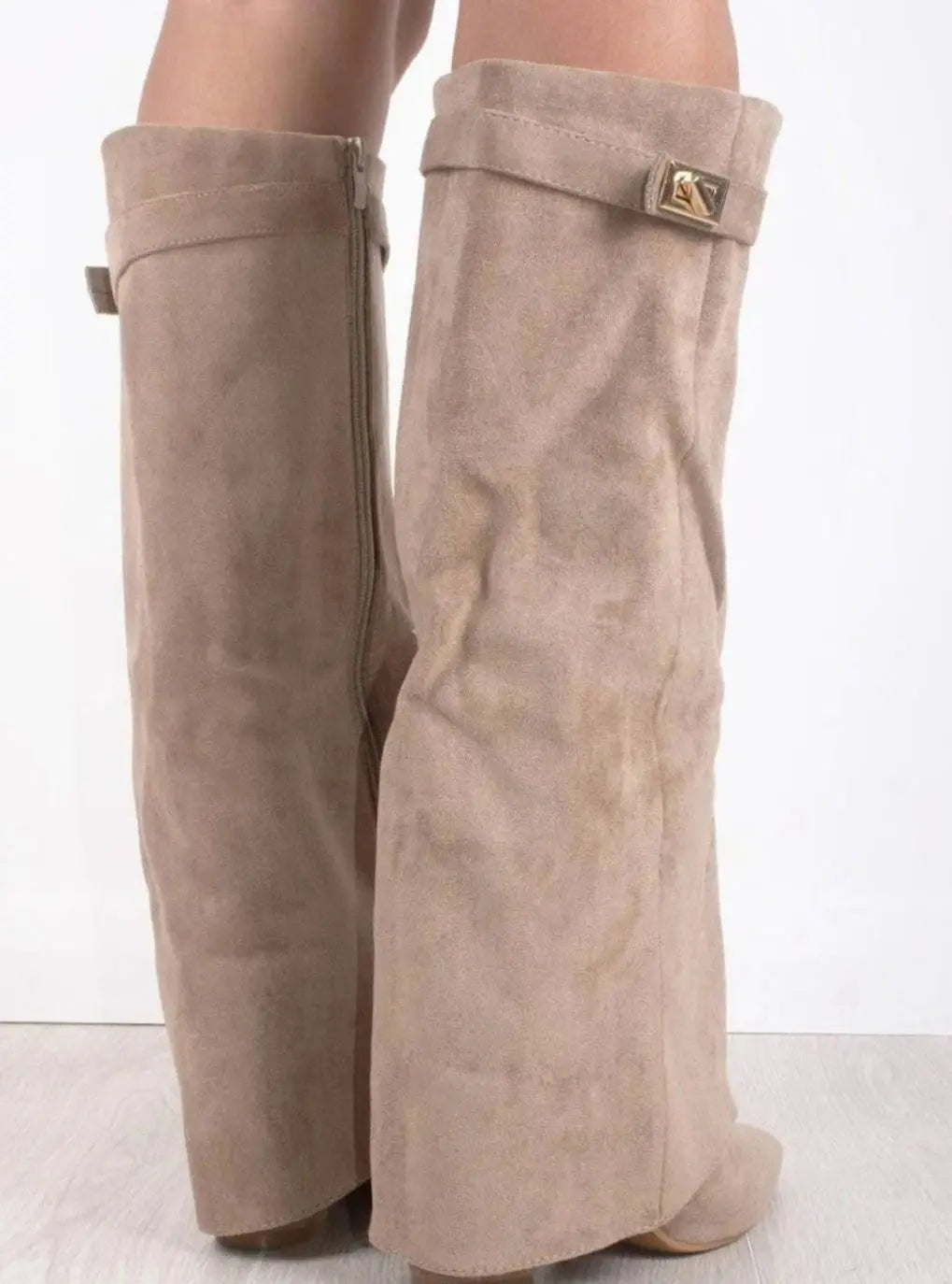 Women's Suede Thigh-High Boots Gold Buckle Pointed Toe