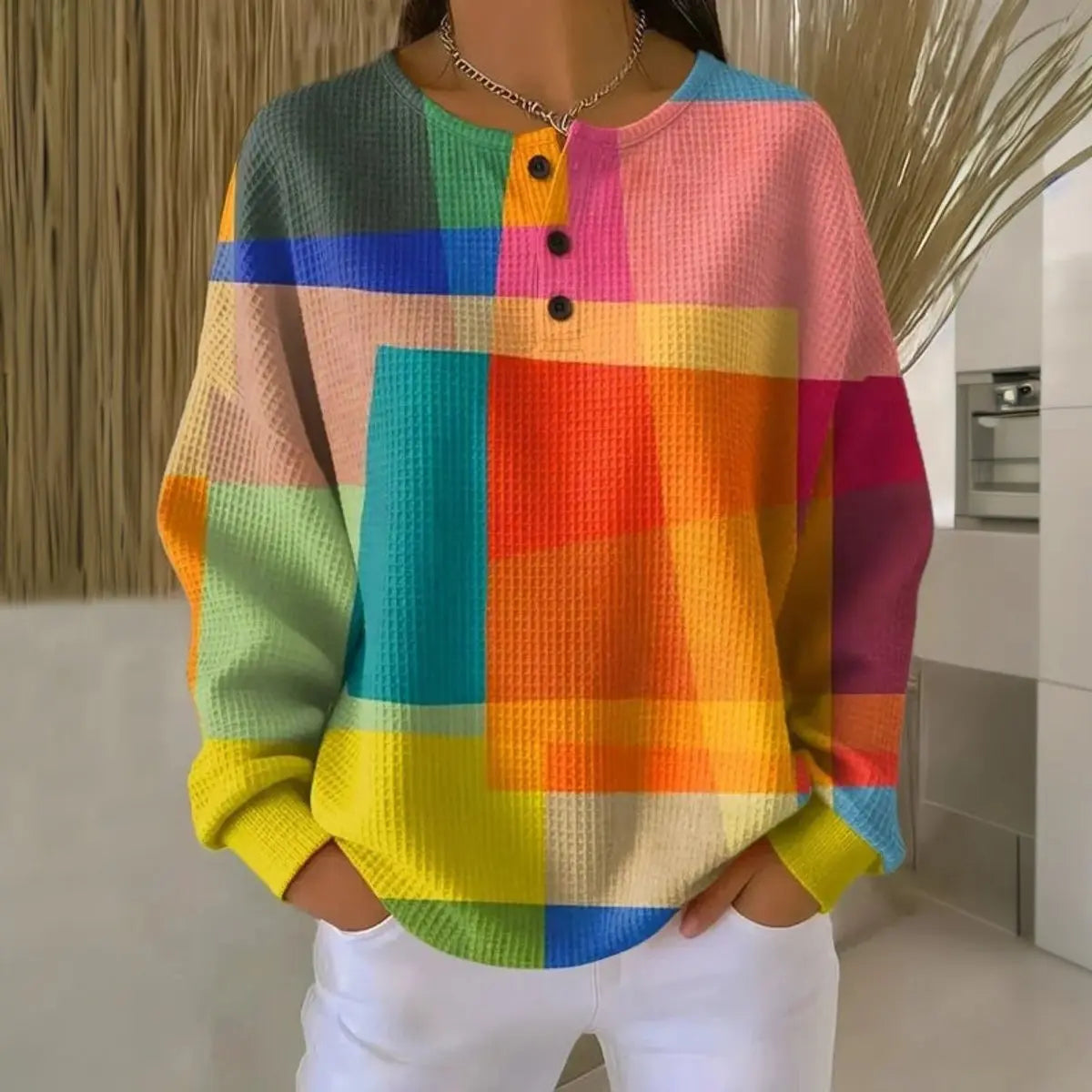 Women's Sweater Colourblock Waffle-Knit Long-Sleeve Henley Jumper