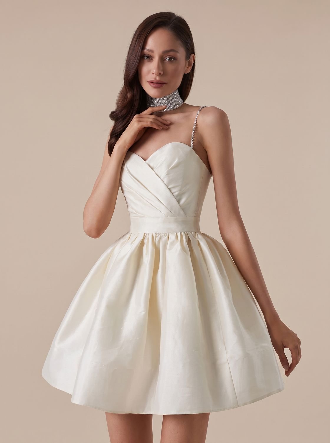 Women's Sweetheart-Neck Rhinestone-Strap Satin Mini Dress